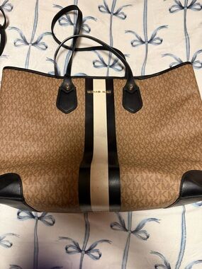 Michael Kors Brown Logo Tote with Black and Cream Racing Stripe